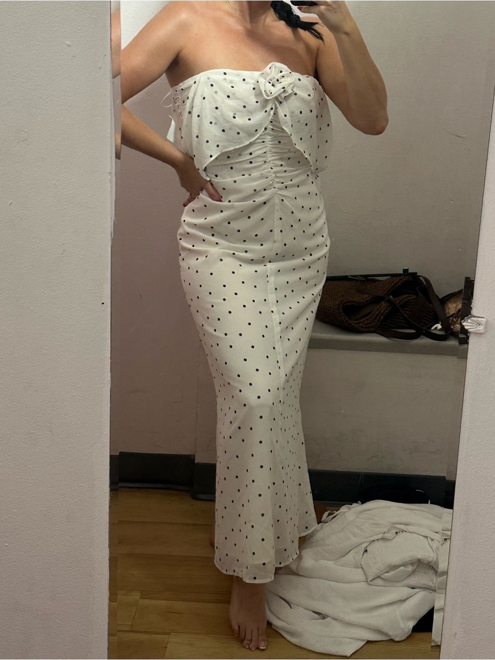 Wayf White Strapless Polka Dot Midi Dress